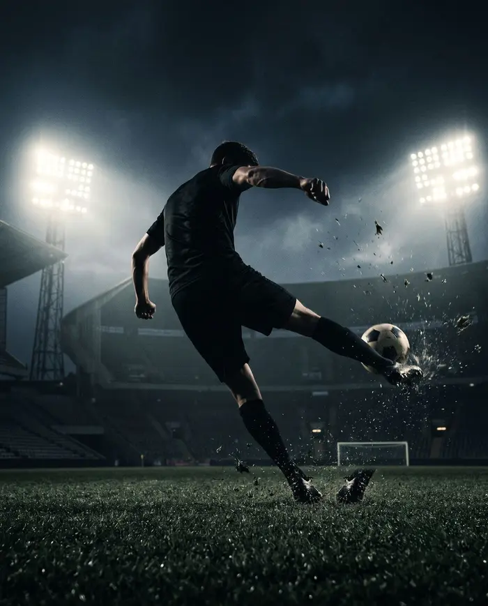 Footballer's skill move being filmed on a phone at a floodlit pitch